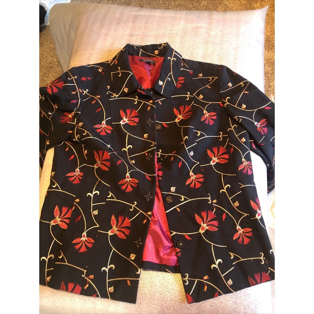 Amber Sun Womens Jacket Floral‎ Size Medium Christmas Lined With Pockets Buttons
